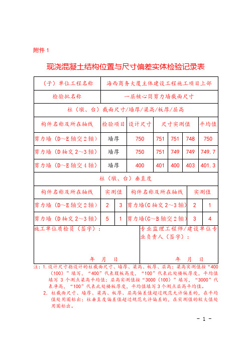 现浇混凝土结构位置与尺寸偏差实体检验记录表汇总