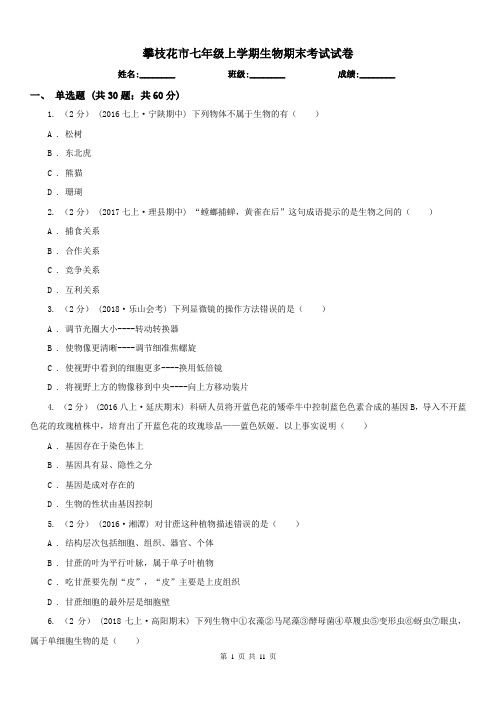 攀枝花市七年级上学期生物期末考试试卷 