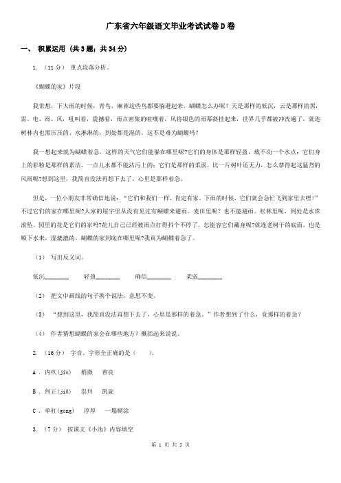 广东省六年级语文毕业考试试卷D卷