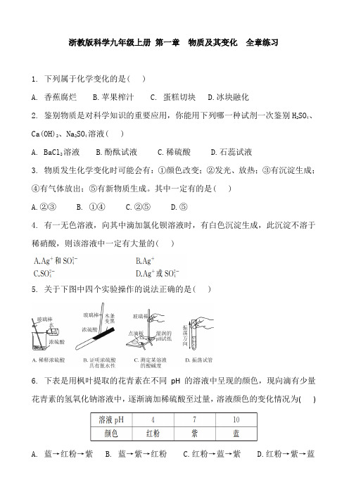 浙教版科学九年级上册 第一章  物质及其变化  全章练习含答案