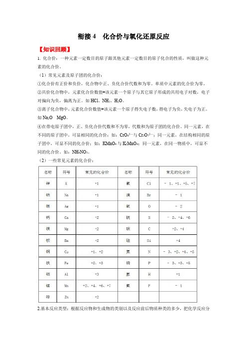 2020-2021学年新高一化学衔接 化合价与氧化还原反应