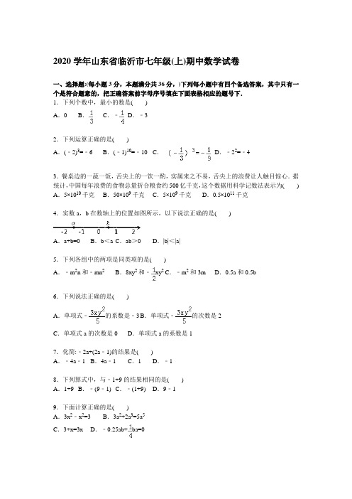 2020年山东省临沂市人教版七年级上学期期中数学试题含答案解析(A卷全套)