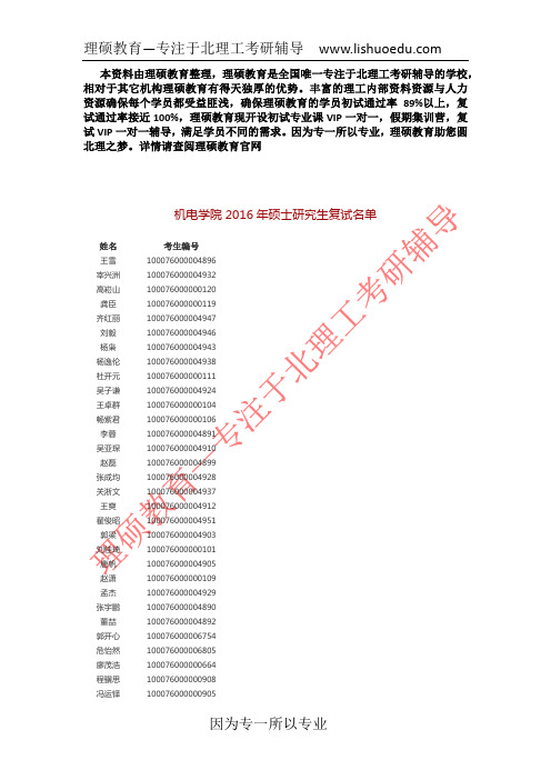 北京理工大学机电学院2016复试名单