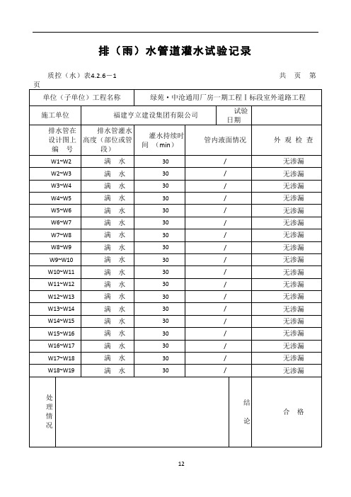 排(雨)水管道灌水试验记录