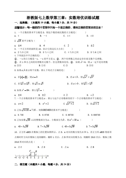 浙教版七上数学第三章：实数培优训练试题(附答案) 