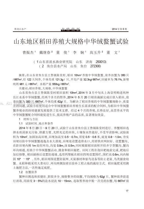 山东地区稻田养殖大规格中华绒螯蟹试验