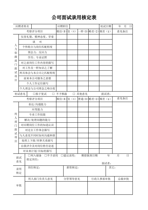 公司面试录用核定表