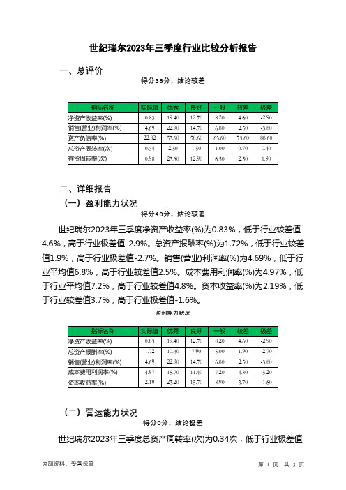 300150世纪瑞尔2023年三季度行业比较分析报告