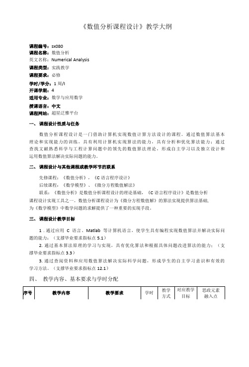 《数值分析课程设计》课程教学大纲(本科)