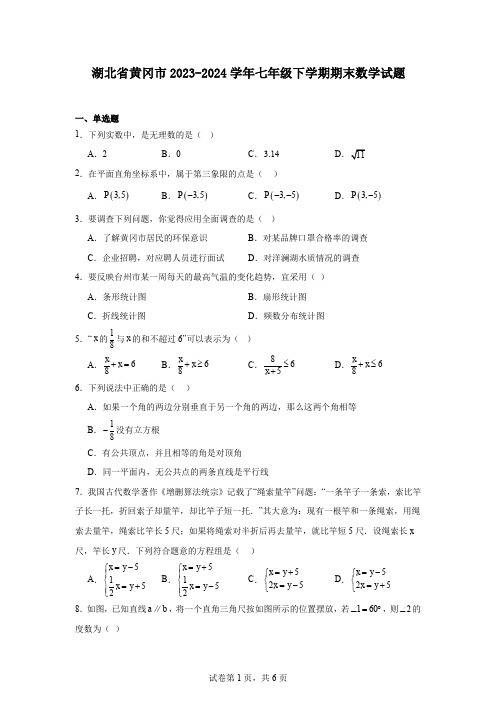 湖北省黄冈市2023-2024学年七年级下学期期末数学试题