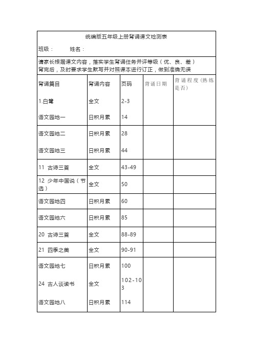 部编版五上背诵课文检测记录表