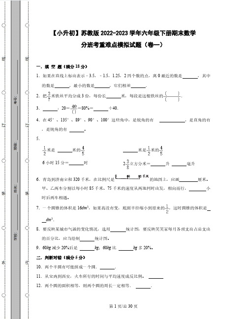 【小升初】苏教版2022-2023学年六年级下册期末数学分班考重难点模拟试题合集2套(含解析)