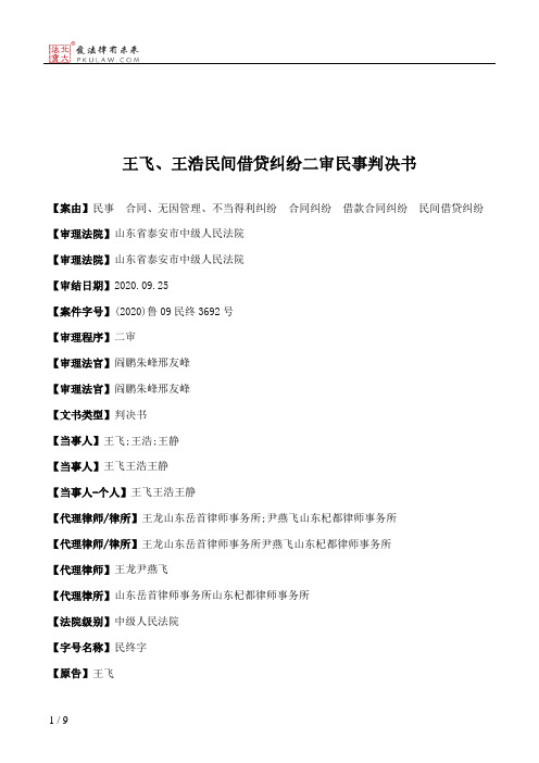 王飞、王浩民间借贷纠纷二审民事判决书