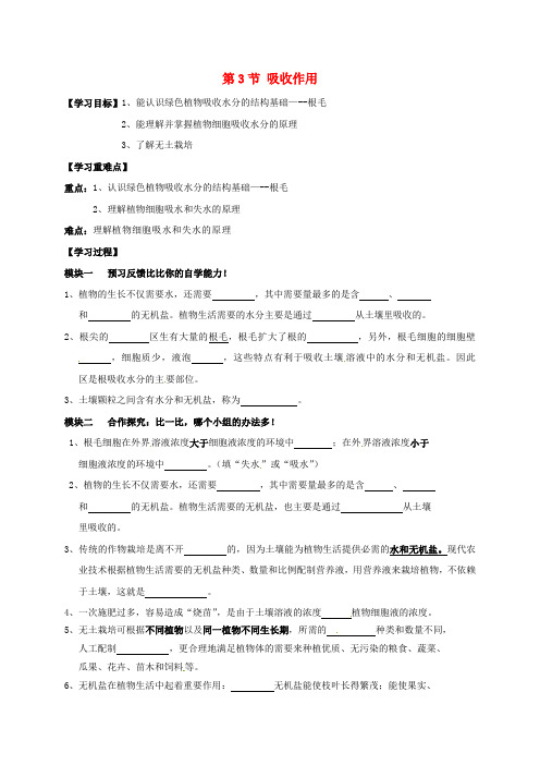 四川省成都市青白江区祥福中学七年级生物上册 5.3 吸收作用导学案(无答案) 北师大版