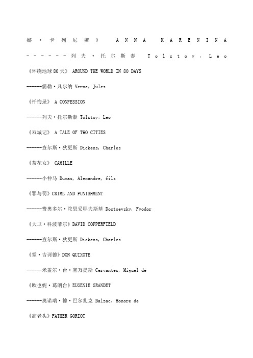 世界名著及作者英文名表达