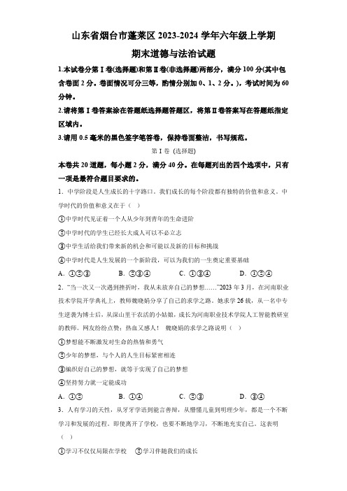 山东省烟台市蓬莱区2023-2024学年(五四制)六年级上学期期末 道德与法治试题(含解析)