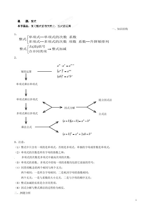 江苏省淮安市淮阴区棉花中学中考数学 整式复习教案 新人教版