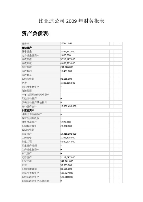 比亚迪公司2009年财务报表