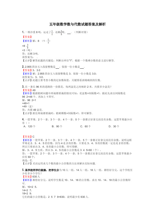 五年级数学数与代数试题答案及解析
