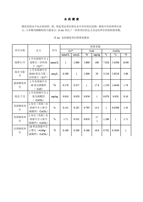 水的硬度单位换算系数表