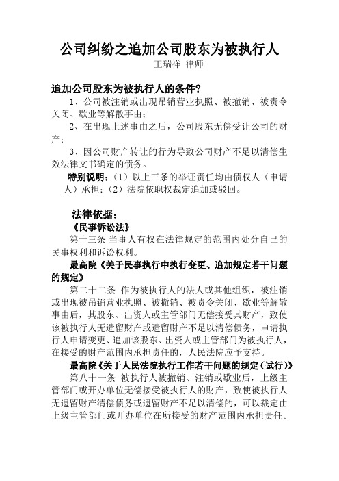 公司纠纷之追加公司股东为被执行人