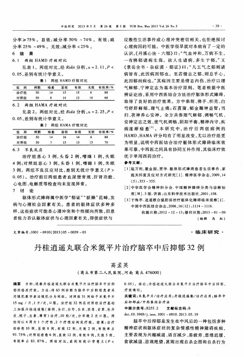 丹桂逍遥丸联合米氮平片治疗脑卒中后抑郁32例