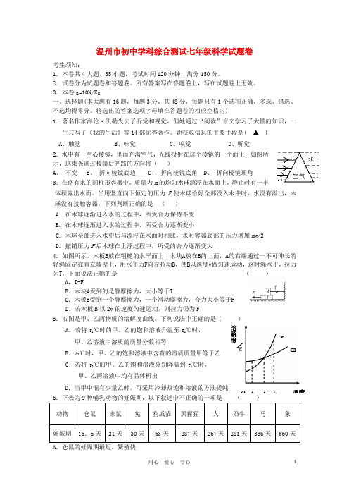 浙江省温州市2012七年级科学综合测试试题卷 浙教版