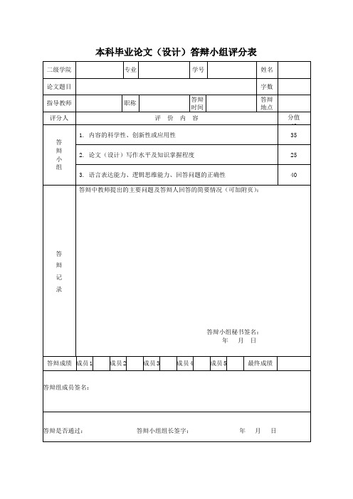 本科毕业论文(设计)答辩小组评分表