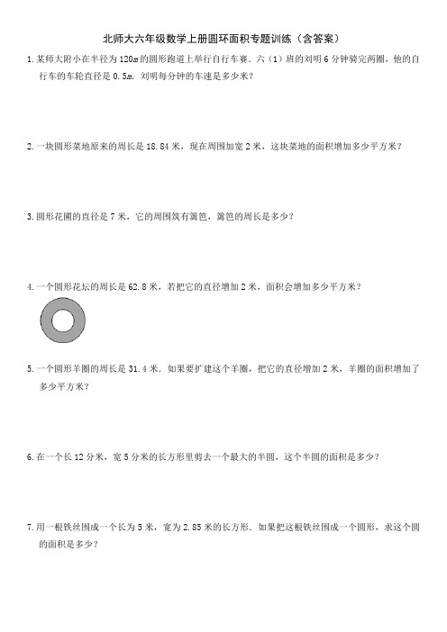 六年级数学上册一课一练-圆环面积专题训练(含答案)北师大