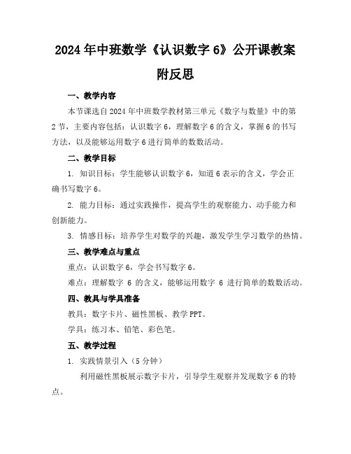 2024年中班数学《认识数字6》公开课教案附反思