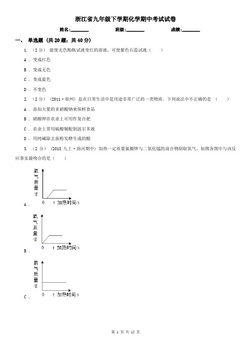 浙江省九年级下学期化学期中考试试卷