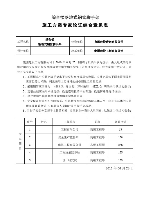 落地式钢管脚手架施工方案专家论证综合意见