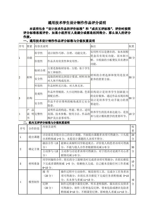 通用技术学生设计制作作品评分说明