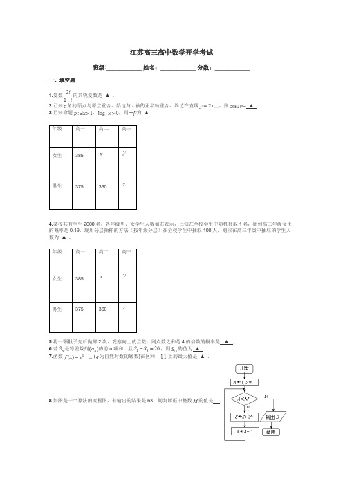 江苏高三高中数学开学考试带答案解析
