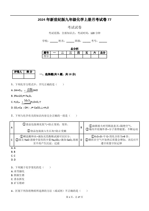 2024年新世纪版九年级化学上册月考试卷77