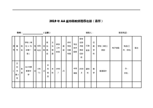 2019年AA省特级教师推荐名册(表样)