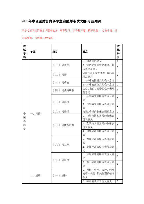 2015年中西医结合内科学主治医师考试大纲——专业知识