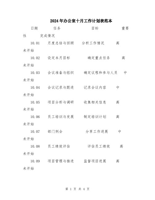 2024年办公室十月工作计划表范本