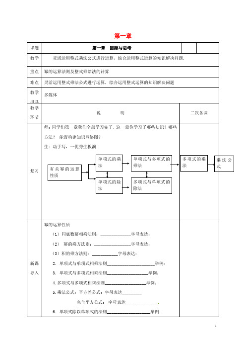 2019七年级数学下册 第一章 整式的乘除回顾与思考教案 (新版)北师大版