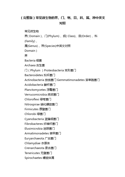 （完整版）常见微生物的界、门、纲、目、科、属、种中英文对照