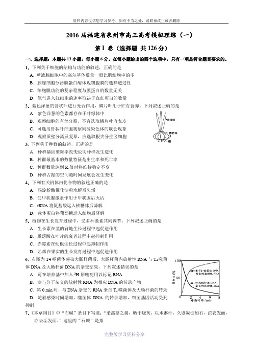 2016届福建省泉州市高三高考模拟理综(一)