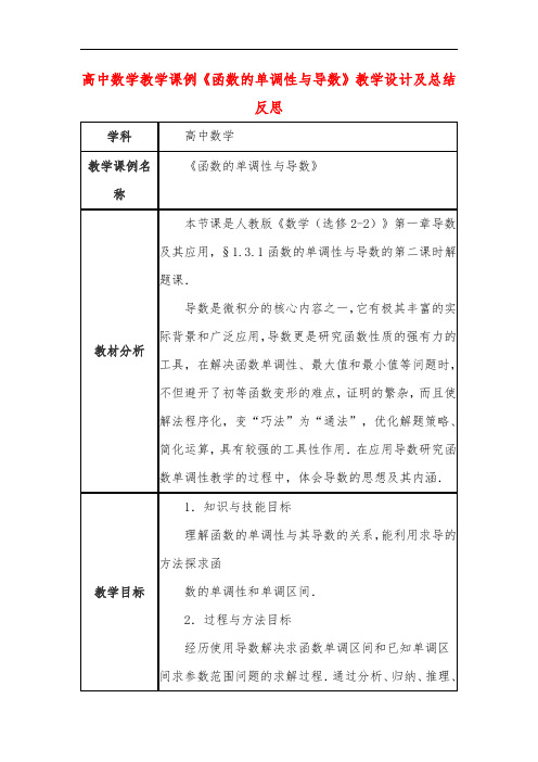 高中数学教学课例《函数的单调性与导数》课程思政核心素养教学设计及总结反思