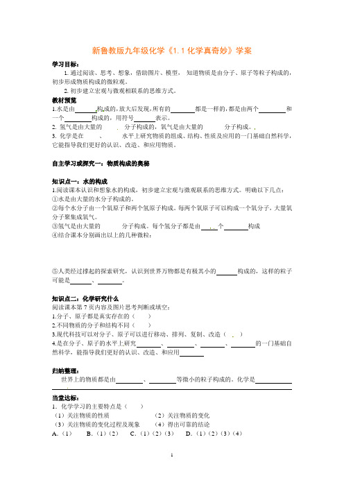 新鲁教版九年级化学《1.1化学真奇妙》学案