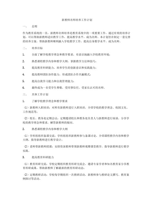 新教师名师培养工作计划