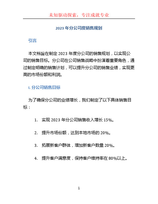 2023年分公司度销售规划