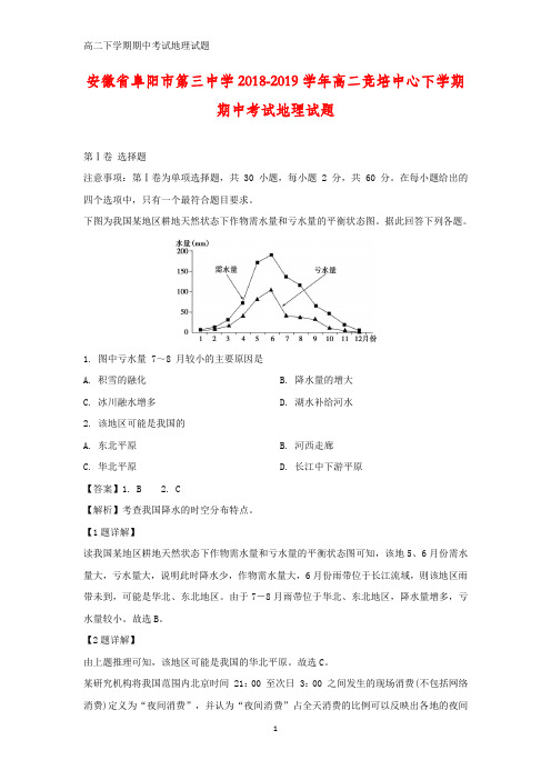 安徽省阜阳市第三中学2018-2019学年高二竞培中心下学期期中考试地理试题(答案+解析)