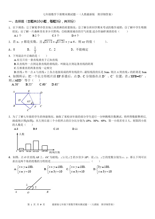 2015最新版七年级下册数学期末测试题一(人教版  附详细答案)