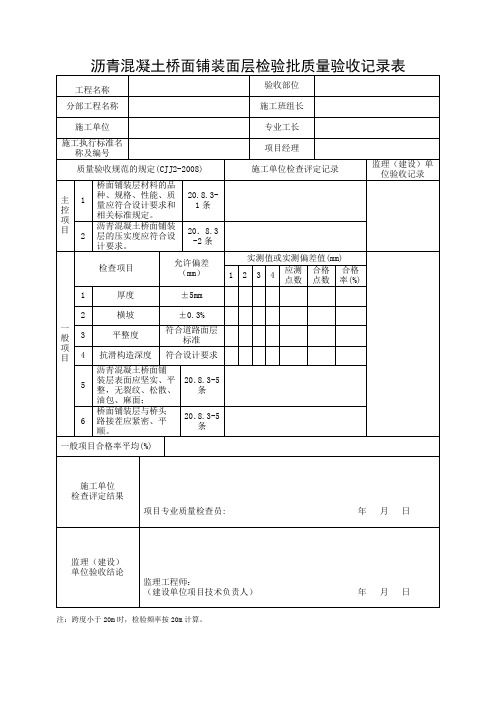 沥青混凝土桥面铺装面层检验批质量验收记录表