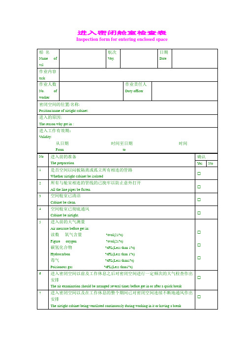 进入密闭舱室检查表