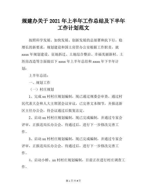 规建办关于2021年上半年工作总结及下半年工作计划范文